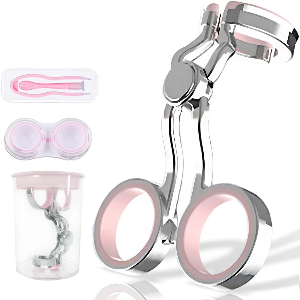 iGeyzoe Contact Lens Wearing Aids, Portable Contact Lens Eyelid Stretcher, Color Contact Lens Wearing Tool With Insert or Remove Tool/Tweeers/Contact Lens Case (Pink)