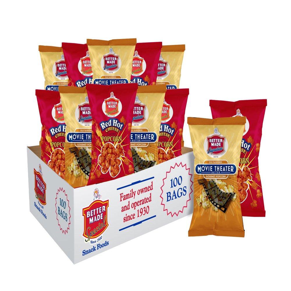 Better Made Movie Theater & Red Hot Cheese Popcorn Variety Pack .625oz Bags (100 Pack) - Popped Popcorn, Buttered, Kids Lunch, Adult Snacks
