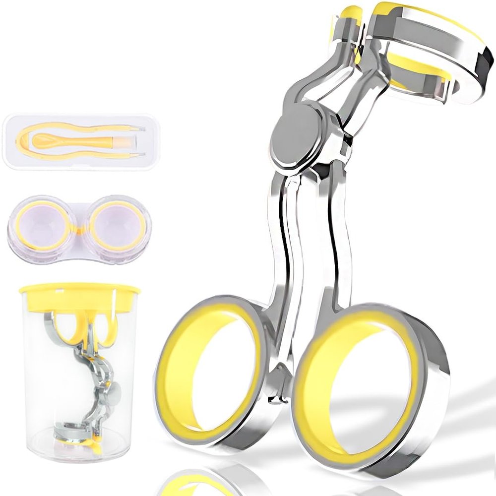 iGeyzoe Contact Lens Wearing Aids, Portable Contact Lens Eyelid Stretcher, Color Contact Lens Wearing Tool with Insert or Remove Tool/Tweeers/Contact Lens Case (Yellow)