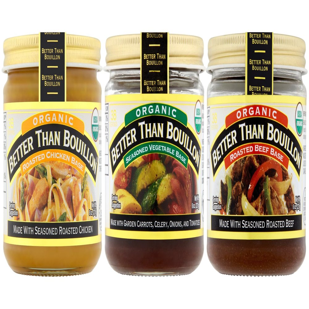 Better Than Bouillon Brand All Organic Variety Pack with 1 Roasted Chicken, 1 Roasted Beef and 1 Seasoned Vegetable, 8 Ounce Jars (Pack of 3)