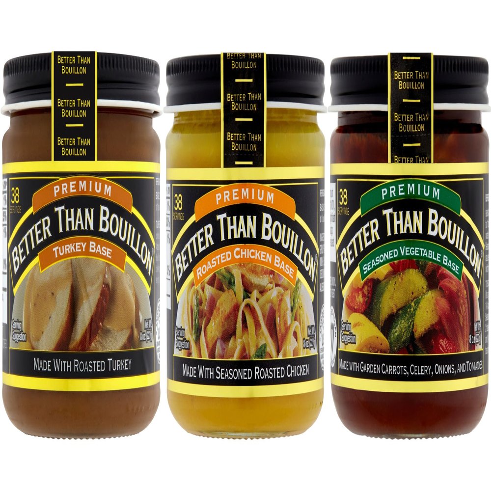 Better Than Bouillon Premium Base Variety Pack, 1 Premium Turkey Base, 1 Premium Roasted Chicken Base, 1 Premium Seasoned Vegetable Base, 8 Ounce Jars (Pack of 3)