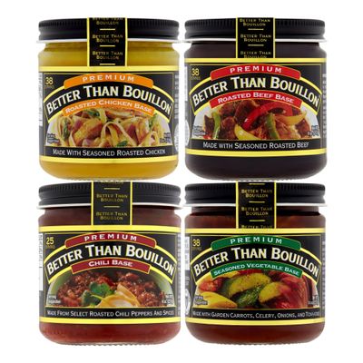 Better Than Bouillon Premium Base Variety Pack, 1 Roasted Chicken Base, 1 Roasted Beef Base, 1 Chili Base, 1 Seasoned Vegetable Base, 8 oz Jars (Pack of 4)