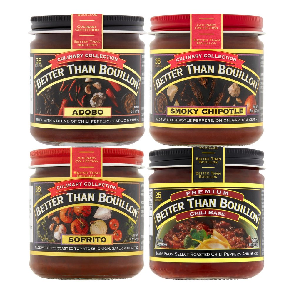 Better Than Bouillon Base Variety Pack, 1 Adobo Base, 1 Smoky Chipotle Base, 1 Sofrito Base, 1 Chili Base, 8 Ounce Glass Jars (Pack of 4)