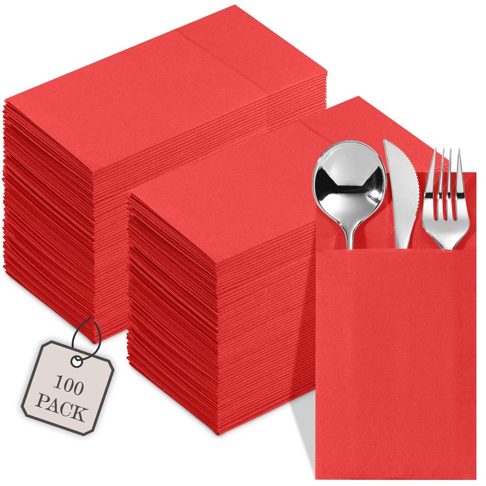 100-Pack Disposable Napkins With Pocket For Flatware, Red Napkins Paper For Christmas, Wedding, Dinner Or Party, Built-In Pocket For Silverware, Prefolded