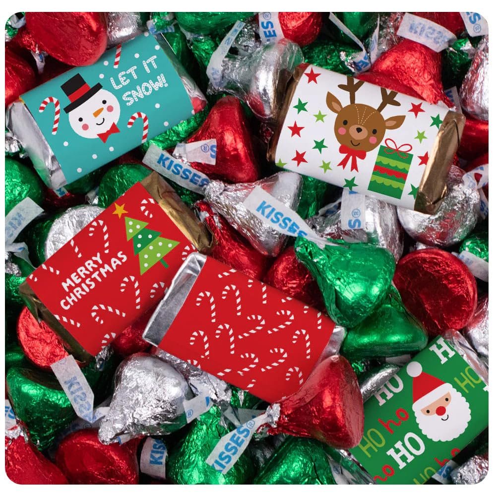 496 Pcs Christmas Candy Chocolate Bulk Party Favors Miniatures & Red, Green & Silver Kisses (6.1 lb Case) - Santa, Reindeer & Snowman
