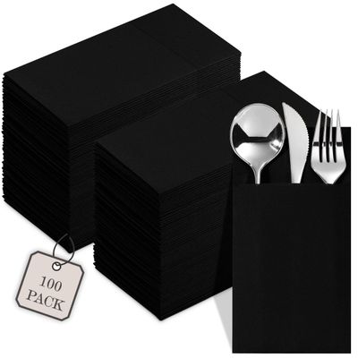 100-Pack Disposable Napkins With Pocket For Flatware, Black Napkins Paper For Wedding, Dinner Or Party, Built-In Pocket For Silverware, Prefolded
