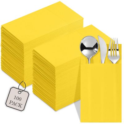 100-Pack Disposable Napkins With Pocket For Flatware, Yellow Napkins Paper For Wedding, Dinner Or Party, Built-In Pocket For Silverware, Prefolded