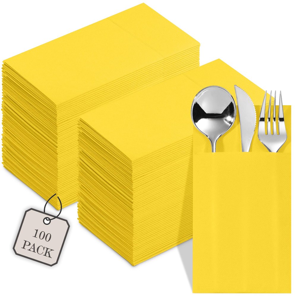 100-Pack Disposable Napkins With Pocket For Flatware, Yellow Napkins Paper For Wedding, Dinner Or Party, Built-In Pocket For Silverware, Prefolded