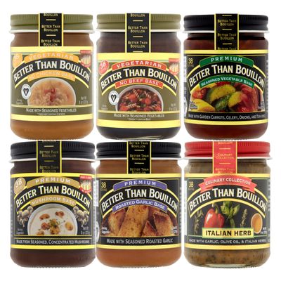 Better Than Bouillon All Vegetarian Base Variety Pack, 1 No Chicken Base, 1 No Beef Base, 1 Seasoned Vegetable Base, 1 Mushroom Base, 1 Roasted Garlic Base, 1 Italian Herb Base, 8 oz Jars (Pack of 6)