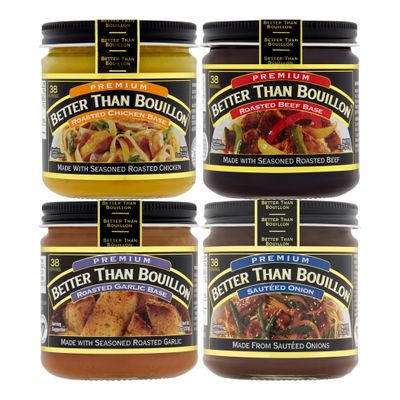 Better Than Bouillon Premium Base Variety Pack, 1 Roasted Chicken Base, 1 Roasted Beef Base, 1 Roasted Garlic Base, 1 Sauted Onion Base, 8 oz Jars (Pack of 4)