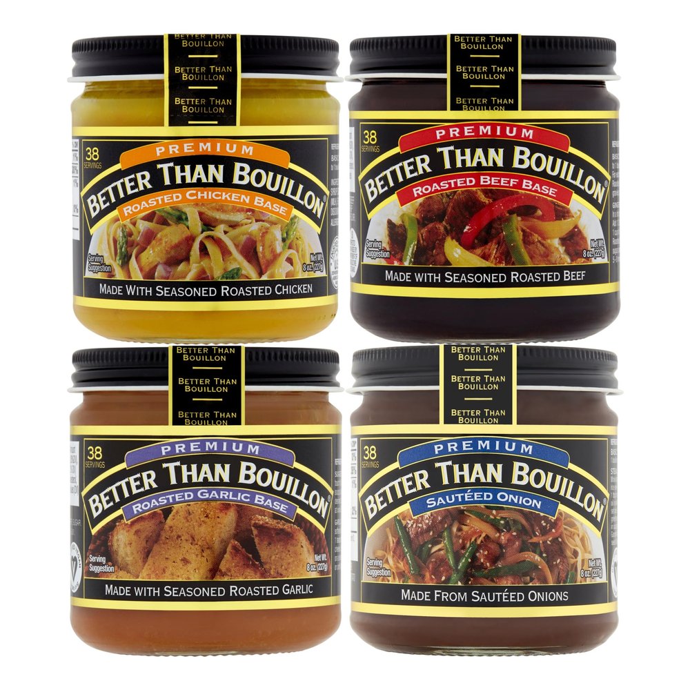 Better Than Bouillon Premium Base Variety Pack, 1 Roasted Chicken Base, 1 Roasted Beef Base, 1 Roasted Garlic Base, 1 Sauted Onion Base, 8 oz Jars (Pack of 4)