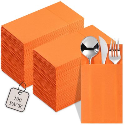 100-Pack Disposable Napkins With Pocket For Flatware, Orange Napkins Paper For Wedding, Dinner Or Party, Built-In Pocket For Silverware, Prefolded