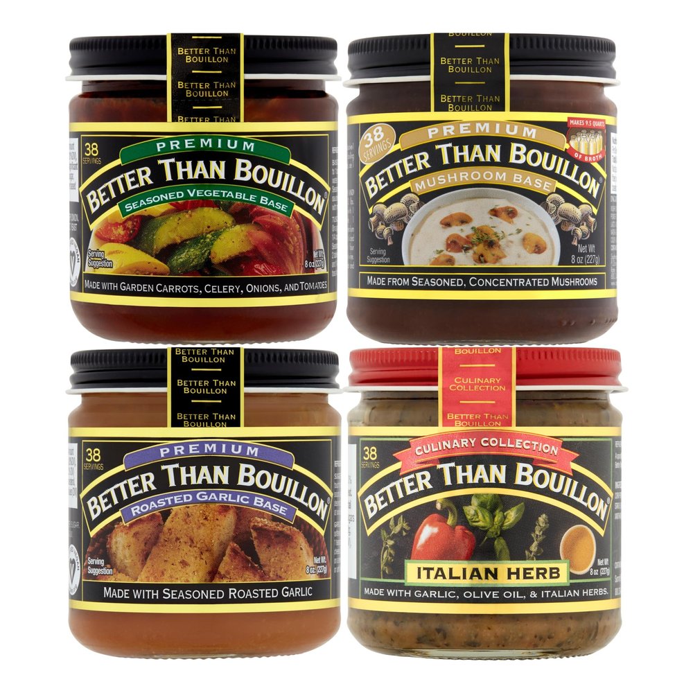Better Than Bouillon All Vegetarian Base Variety Pack, 1 Seasoned Vegetable Base, 1 Mushroom Base, 1 Roasted Garlic Base, 1 Italian Herb Base, 8 oz Jars (Pack of 4)