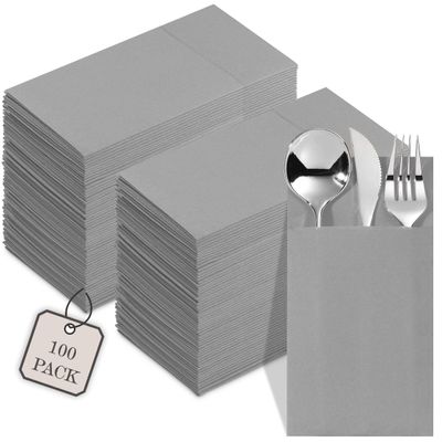 100-Pack Disposable Napkins With Pocket For Flatware, Gray Napkins Paper For Wedding, Dinner Or Party, Built-In Pocket For Silverware, Prefolded