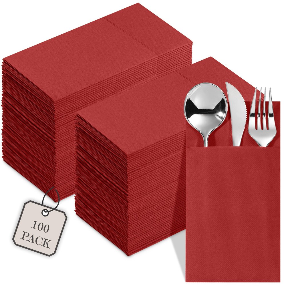 100-Pack Disposable Napkins With Pocket For Flatware, Burgundy Napkins Paper For Wedding, Dinner Or Party, Built-In Pocket For Silverware, Prefolded