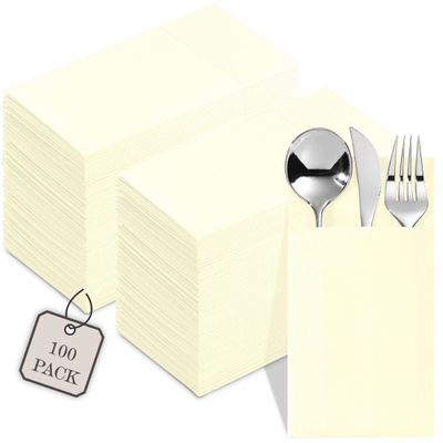 100-Pack Disposable Napkins With Pocket For Flatware, Cream Napkins Paper For Wedding, Dinner Or Party, Built-In Pocket For Silverware, Prefolded