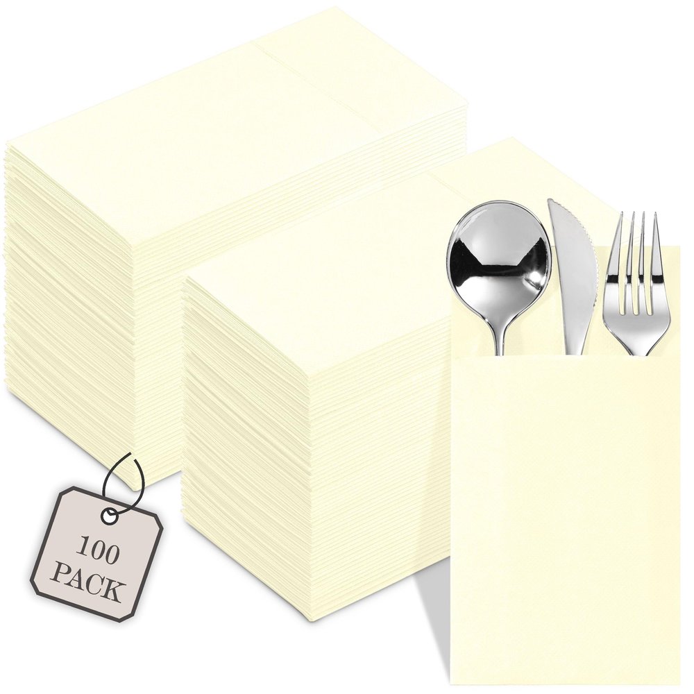 100-Pack Disposable Napkins With Pocket For Flatware, Cream Napkins Paper For Wedding, Dinner Or Party, Built-In Pocket For Silverware, Prefolded