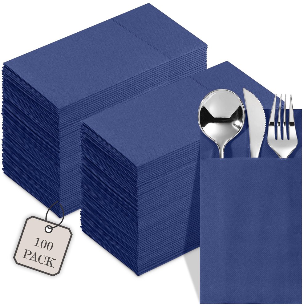 100-Pack Disposable Napkins With Pocket For Flatware, Blue Napkins Paper For Wedding, Dinner Or Party, Built-In Pocket For Silverware, Prefolded