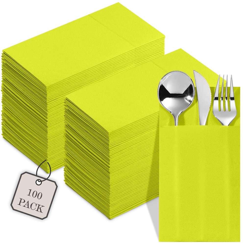 100-Pack Disposable Napkins With Pocket For Flatware, Lime Napkins Paper For Wedding, Dinner Or Party, Built-In Pocket For Silverware, Prefolded