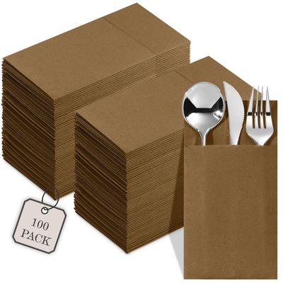 100-Pack Disposable Napkins With Pocket For Flatware, Brown Napkins Paper For Wedding, Dinner Or Party, Built-In Pocket For Silverware, Prefolded