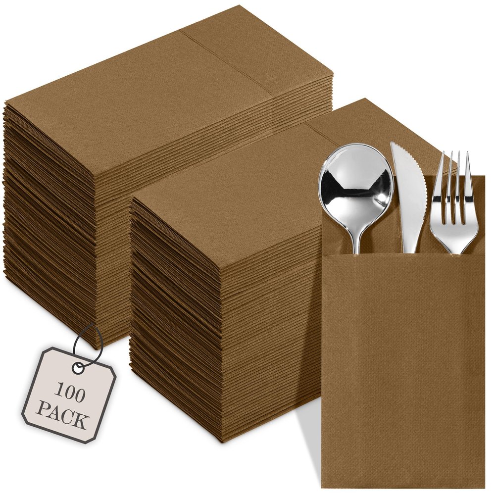 100-Pack Disposable Napkins With Pocket For Flatware, Brown Napkins Paper For Wedding, Dinner Or Party, Built-In Pocket For Silverware, Prefolded