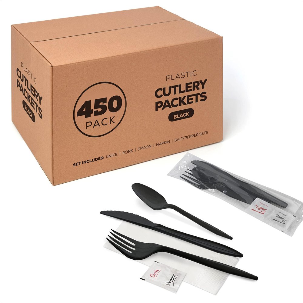 450 Plastic Cutlery Packets - Knife Fork Spoon Napkin Salt Pepper Sets | Black Silverware Individually Wrapped, Bulk Disposable To Go Utensil Kits