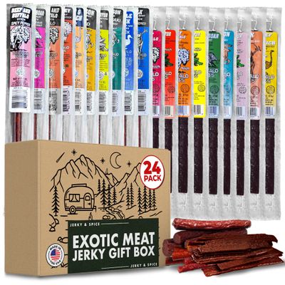 Buffalo Bob's Wild Game Meat Snacks Gift Box (24 pack) | Ultimate Exotic Snack Box | Multiple Wild Game Beef Sticks | Jerky Variety Pack for Anniversary, Camping, Hunting & Birthday Gifts for Men