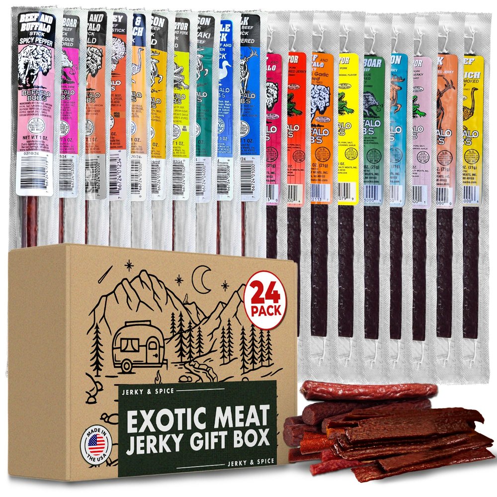 Buffalo Bob's Wild Game Meat Snacks Gift Box (24 pack) | Ultimate Exotic Snack Box | Multiple Wild Game Beef Sticks | Jerky Variety Pack for Anniversary, Camping, Hunting & Birthday Gifts for Men