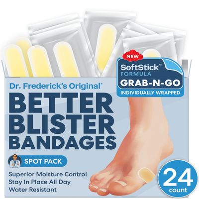 Dr. Frederick's Original SoftStick Better Blister Bandages - 24 ct - Extra Soft, Extra Stick - Grab-N-Go - Water Resistant Hydrocolloid Bandages for Blister Prevention - Spot Pack
