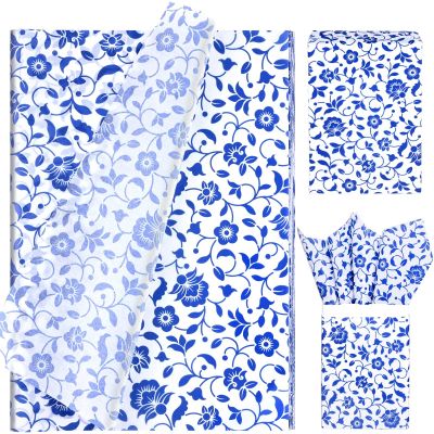 100 Sheets 20 * 14 Inches Blue White Floral Tissue Paper for Gift Bags Vintage Chinoiserie Style Tissue Paper for Gift Wrapping for Birthday Wedding New Year Craft Supplies