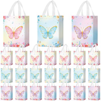 Locmeo 24 Pcs Butterfly Party Favor Bags with Handles Reusable Non Woven Butterfly Goodie Bags Pink Blue and Purple Candy Treat Gift Bag for Girl Boy Birthday Baby Shower Party, 8 x 4 x 10 Inch