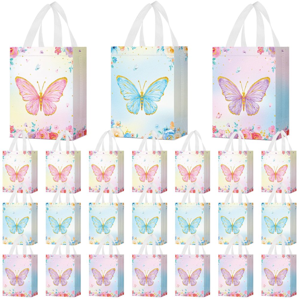 Locmeo 24 Pcs Butterfly Party Favor Bags with Handles Reusable Non Woven Butterfly Goodie Bags Pink Blue and Purple Candy Treat Gift Bag for Girl Boy Birthday Baby Shower Party, 8 x 4 x 10 Inch