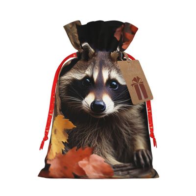 NONHAI Christmas Gift Bags Raccoon in The Fall Tree Hole Drawstring Christmas Burlap Bags with Gift Tags Upgraded Candy Gift Wrapping Bags for Christmas Presents Party Favor Goody Sack