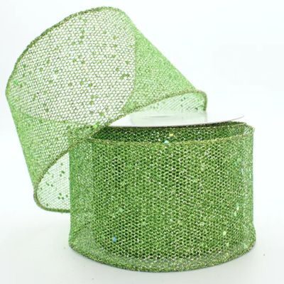 10 Yards Green Sparkle Mesh Wired Ribbon 2.5", Christmas Ribbon, Lime Green Ribbon, Ribbon for Wreaths, Ribbon by The Roll