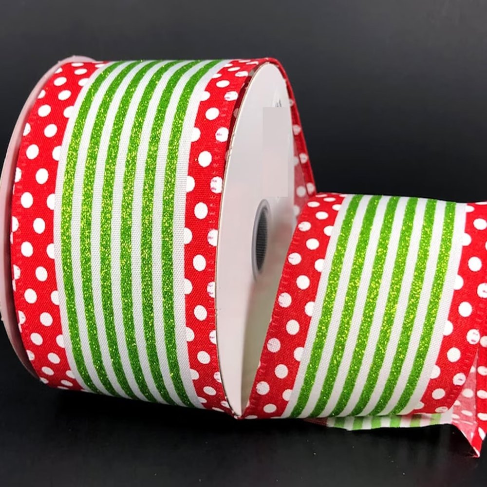10 Yards Christmas Stripe Red White Dot Wired Ribbon 2.5", Red Lime White Ribbon, Red Lime Wired Ribbon, Christmas Ribbon, Ribbon for Wreaths