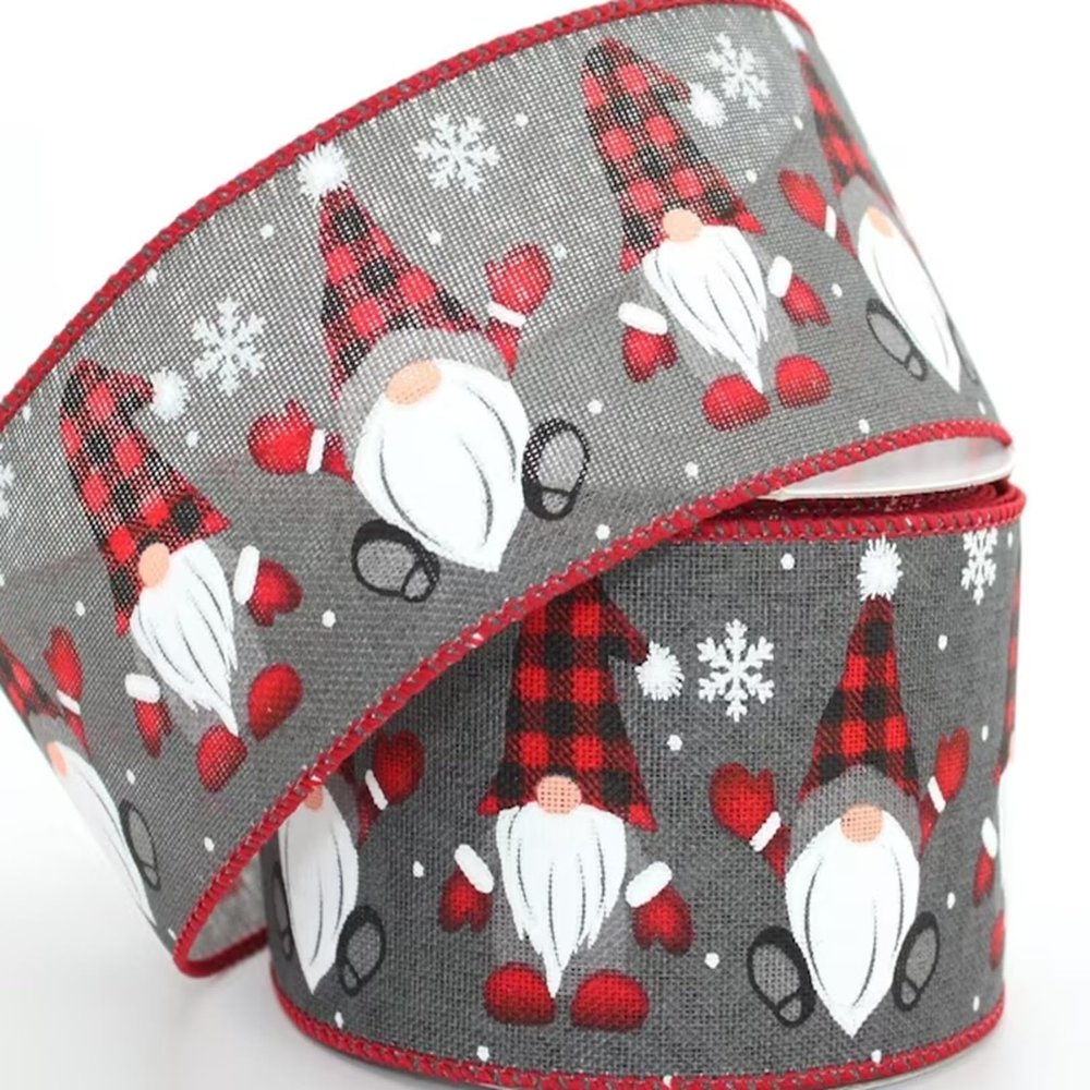 10 Yards Gray Gnomes Buffalo Plaid Rustic Wired Ribbon 2.5, Gnomes Buffalo Plaid Ribbon, Gnomes Wired Ribbon, Christmas Ribbon, Ribbon for Wreaths