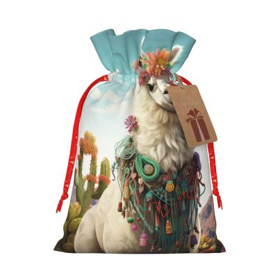 NONHAI Christmas Gift Bags Mexican Llama Cactus Drawstring Christmas Burlap Bags with Gift Tags Upgraded Candy Gift Wrapping Bags for Christmas Presents Party Favor Goody Sack