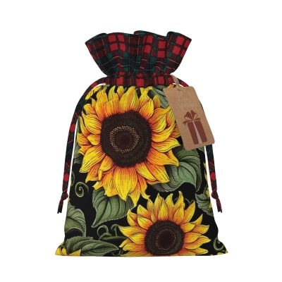 Dwrepo Floral Sunflower Print Gift Bags Drawstring Xmas Gift Bags Christmas Treat Bags For Holiday Party Medium
