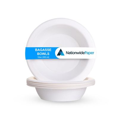 Nationwide Paper Bagasse Bowl 12oz 50Pcs White Disposable Bagasse Sugarcane Bowl, Serving Bowls for Hot and Cold Food (355ml)