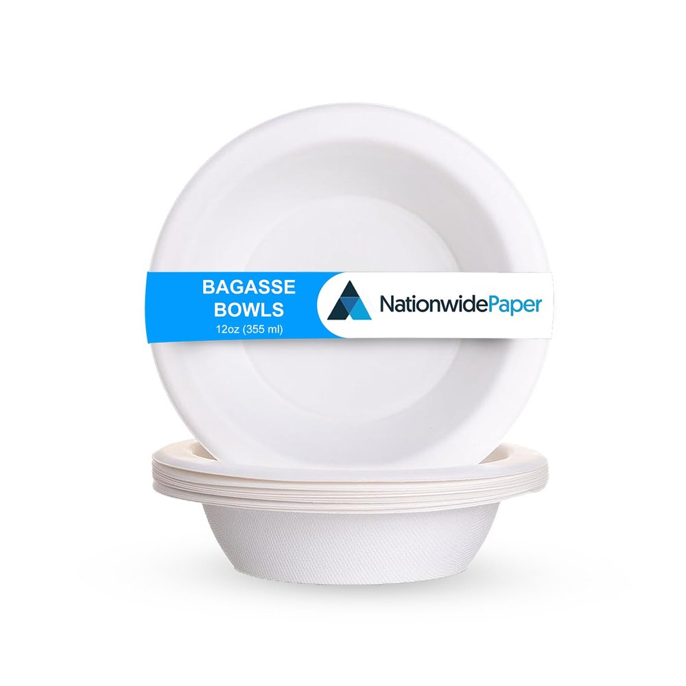 Nationwide Paper Bagasse Bowl 12oz 50Pcs White Disposable Bagasse Sugarcane Bowl, Serving Bowls for Hot and Cold Food (355ml)