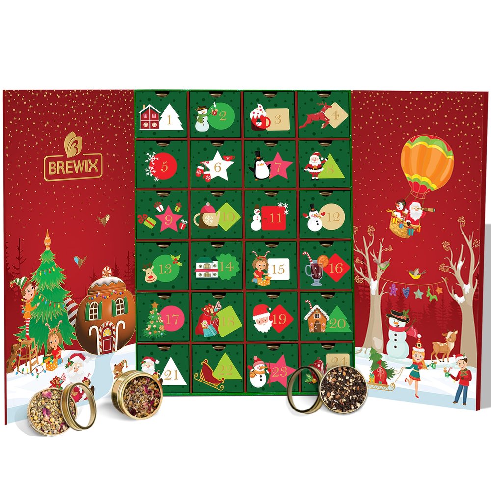 BREWIX, 2025 Advent Calendar Loose Tea Set | 24 Delightful Black & Green Tea Infusions in Golden Tin Caddies - Holiday Gift Box | Advent Calendar 2025 for Adults | Christmas Gift Idea for Tea Lovers, Christmas Countdown Set | Holiday Variety Sampler
