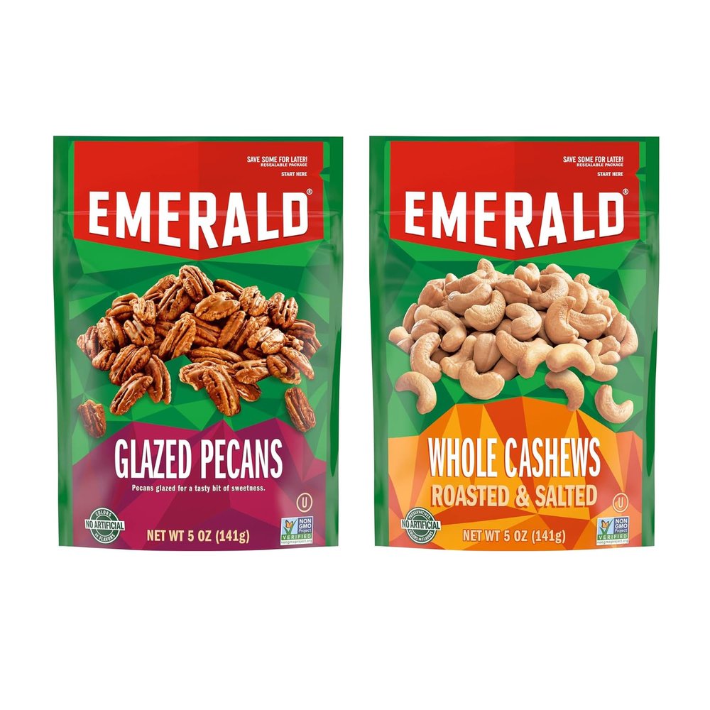 Emerald Nuts Combo (Variety Pack) Featuring Roasted and Salted Whole Cashews & Kettle Glazed Pecans | 5 Oz Resealable Bags | Kosher Certified, Non-GMO, Contains No Artificial Preservatives, Flavors or Synthetic Colors
