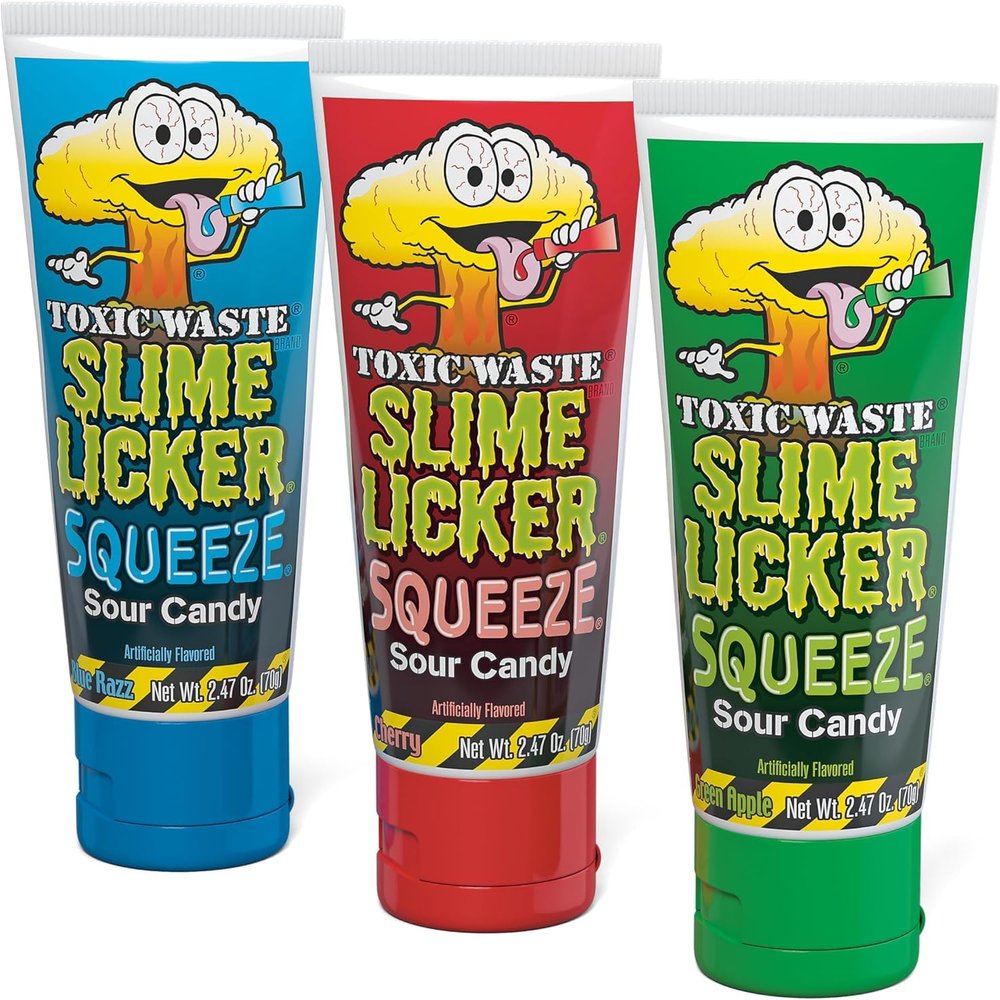 TOXIC WASTE - Slime Licker Squeeze - Sour Squeeze Slime Candy - Green Apple, Blue Razz, & Cherry Flavors - 2.47 oz. Tubes - 3-Pack