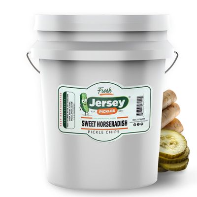 Jersey Pickles - Sweet Horseradish Chips (5 Gallon) - Fresh, Keto-Friendly, and Perfect for Snacks, Sandwiches, or Salads  The perfect Pickle Jars Cornichon for Families or Gatherings
