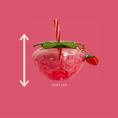 3-piece strawberry cup with keychain with plastic straw. 500 ML
