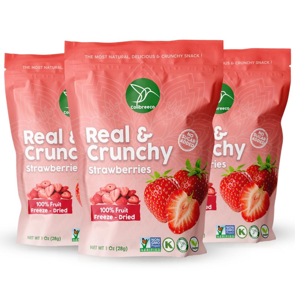 Colibreeco, Freeze-Dried Fruit, Strawberries, 1.0 Ounce (Pack of 3), Real and Crunchy, Non-GMO, Kosher and Vegan, 100% Fruit, No Sugar Added, Excellent for Healthy Snacks and Gluten Free.