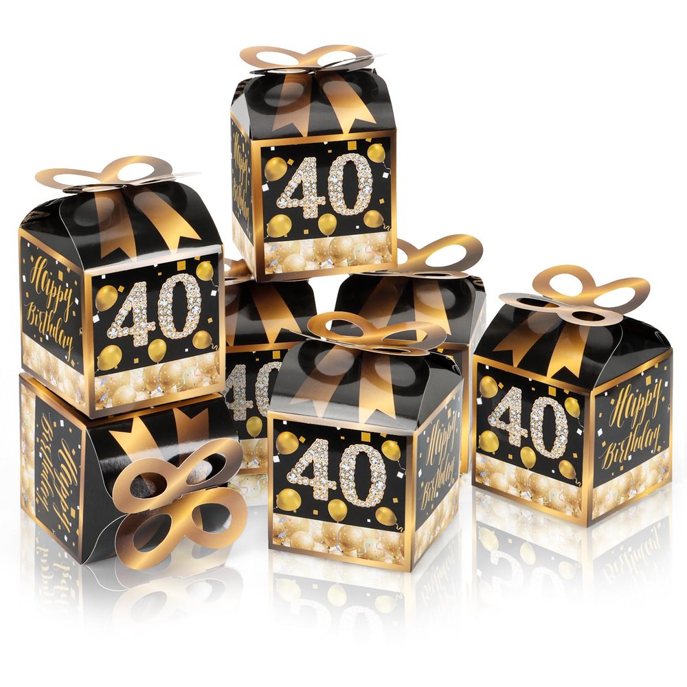 Qonmpcvu Square Boxes For Gifts, Black And Gold Decorations Box, 40th Birthday Favor Bags, 40h Party Favors Gifts Box, Favor Boxes For Party, Black And Gold Happy Birthday Bags With Candy (Black, M)