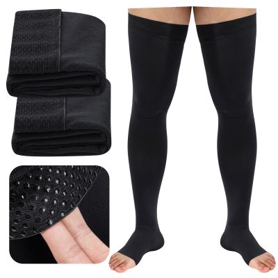 20-30 Mmhg Compression Socks, Open Toe Thigh High Compression Stockings for Men and Women with Non-slip Silicone (XXL Black)