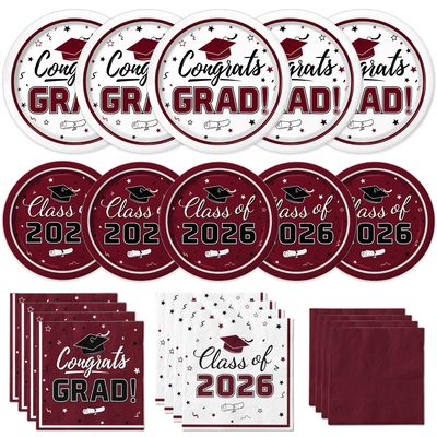 Graduation Party Supplies Kit Serves 50 - Graduation Party Maroon Class of 2026 Tableware, Disposable Dinner Plates, Dessert Plates, and Napkins for Congrats Grad Party Decorations