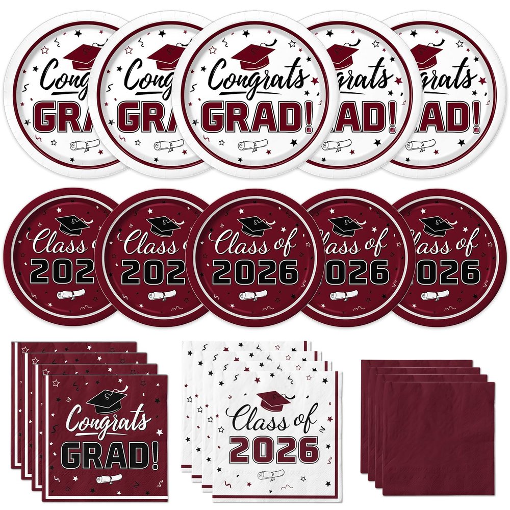 Graduation Party Supplies Kit Serves 50 - Graduation Party Maroon Class of 2026 Tableware, Disposable Dinner Plates, Dessert Plates, and Napkins for Congrats Grad Party Decorations